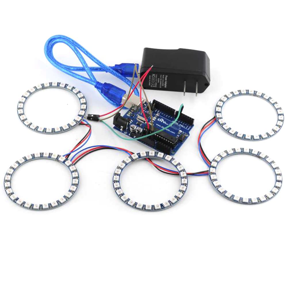 7 X WS2812B RGB LED Rings 7 Bits 5050 Lamp Light with Integrated Drivers, Full Color, Individually Addressable for Arduino ESP8266 Raspberry Pi ESP32 (Pack of 5pcs)