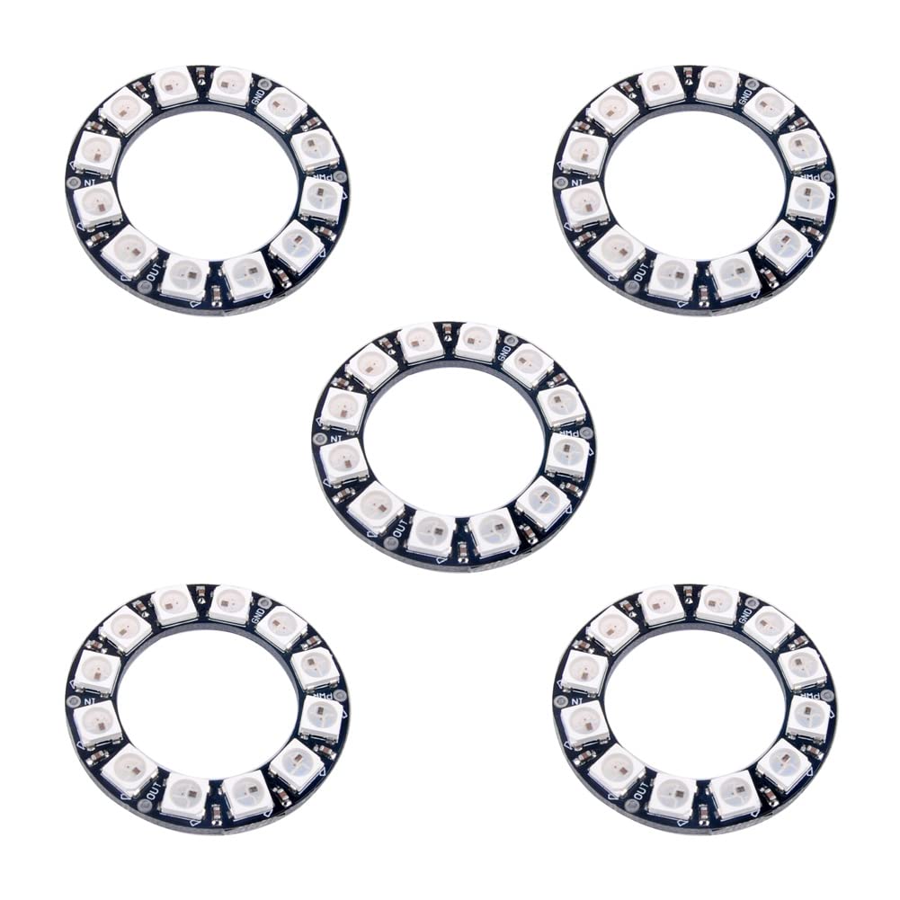 7 X WS2812B RGB LED Rings 7 Bits 5050 Lamp Light with Integrated Drivers, Full Color, Individually Addressable for Arduino ESP8266 Raspberry Pi ESP32 (Pack of 5pcs)