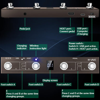 M-VAVE Chocolate Plus Wireless MIDI Foot Controller 4 Buttons BT Rechargeable, APP Control