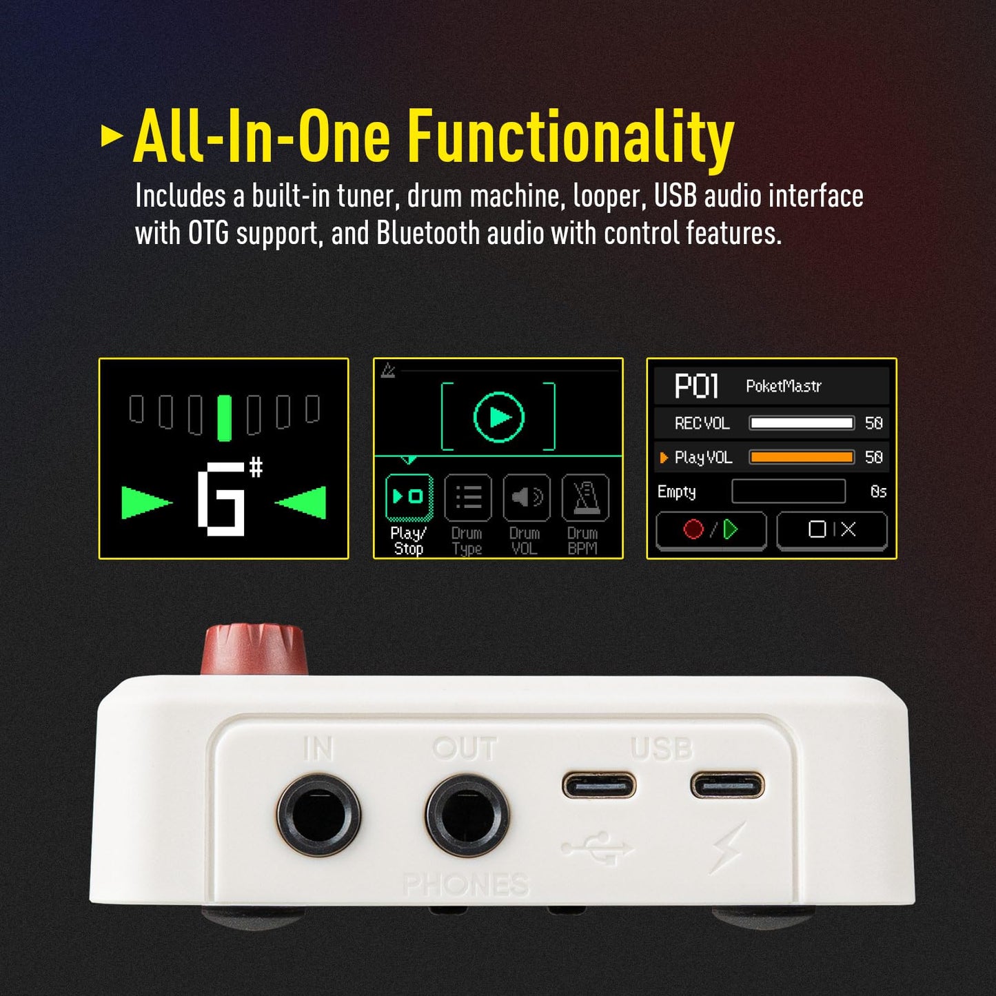 SONICAKE Pocket Master-Multi Effects Guitar Pedal with 9 Effects Modules 100 Drum Rhythms and Looper 100 Presets 20 Amp/Cab Electric Guitar Effects Processor OTG USB Audio Interface BT (Grey)