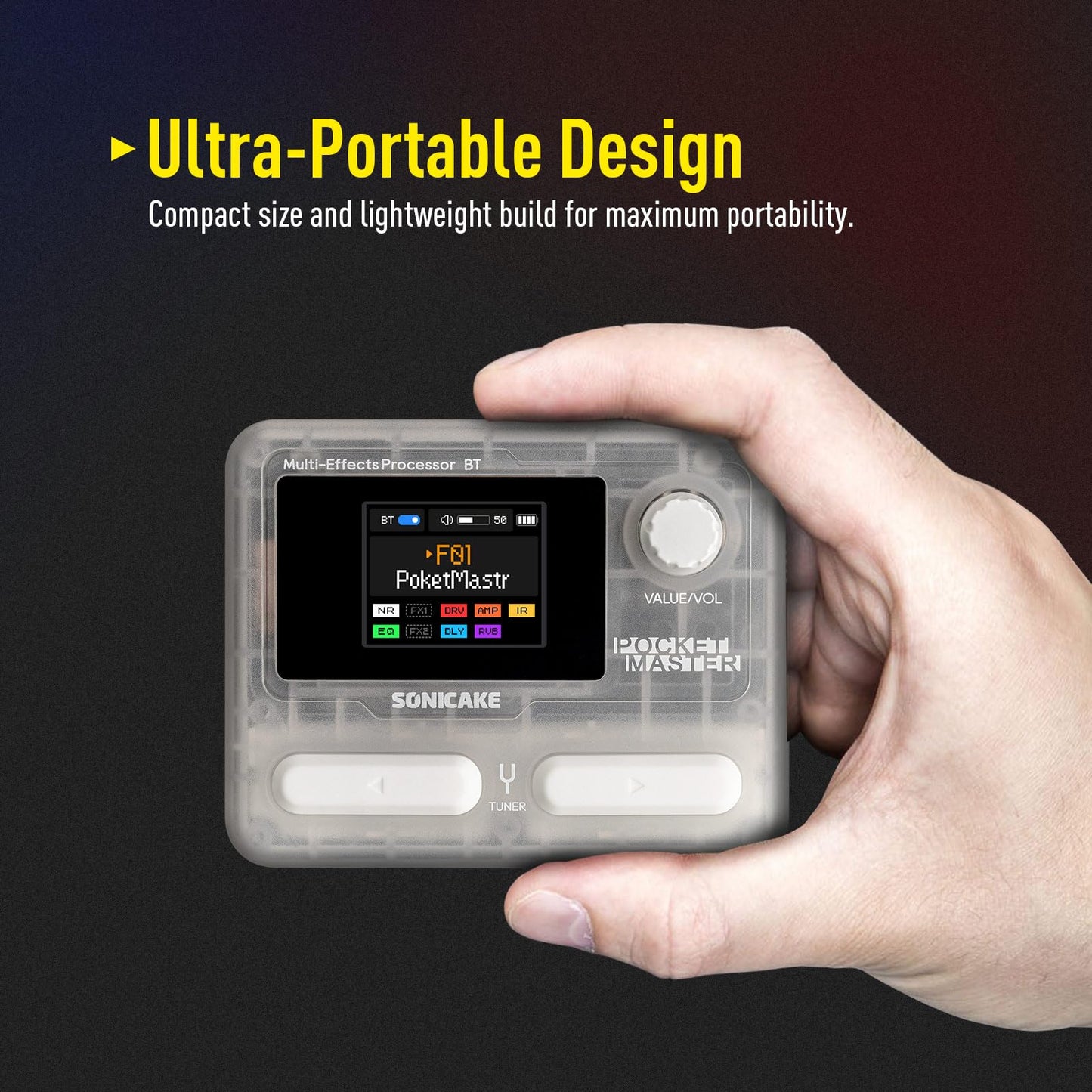 SONICAKE Pocket Master-Multi Effects Guitar Pedal with 9 Effects Modules 100 Drum Rhythms and Looper 100 Presets 20 Amp/Cab Electric Guitar Effects Processor OTG USB Audio Interface BT (Grey)