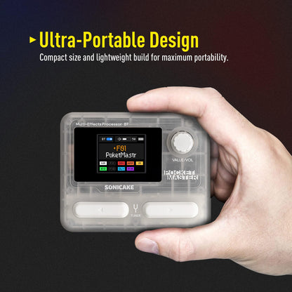 SONICAKE Pocket Master-Multi Effects Guitar Pedal with 9 Effects Modules 100 Drum Rhythms and Looper 100 Presets 20 Amp/Cab Electric Guitar Effects Processor OTG USB Audio Interface BT (Grey)