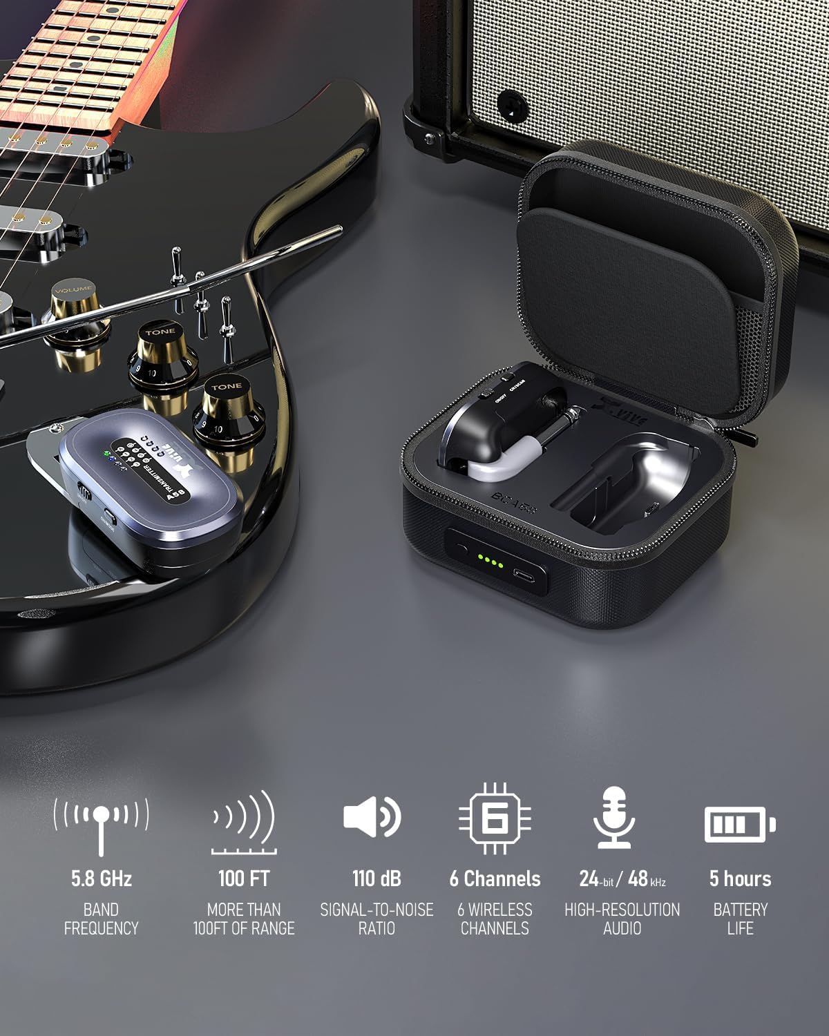 Xvive A58 Wireless Guitar System 5.8GHz Wireless Guitar Transmitter Receiver for Active or Passive Pickup Electric/Acoustic Bass Guitar