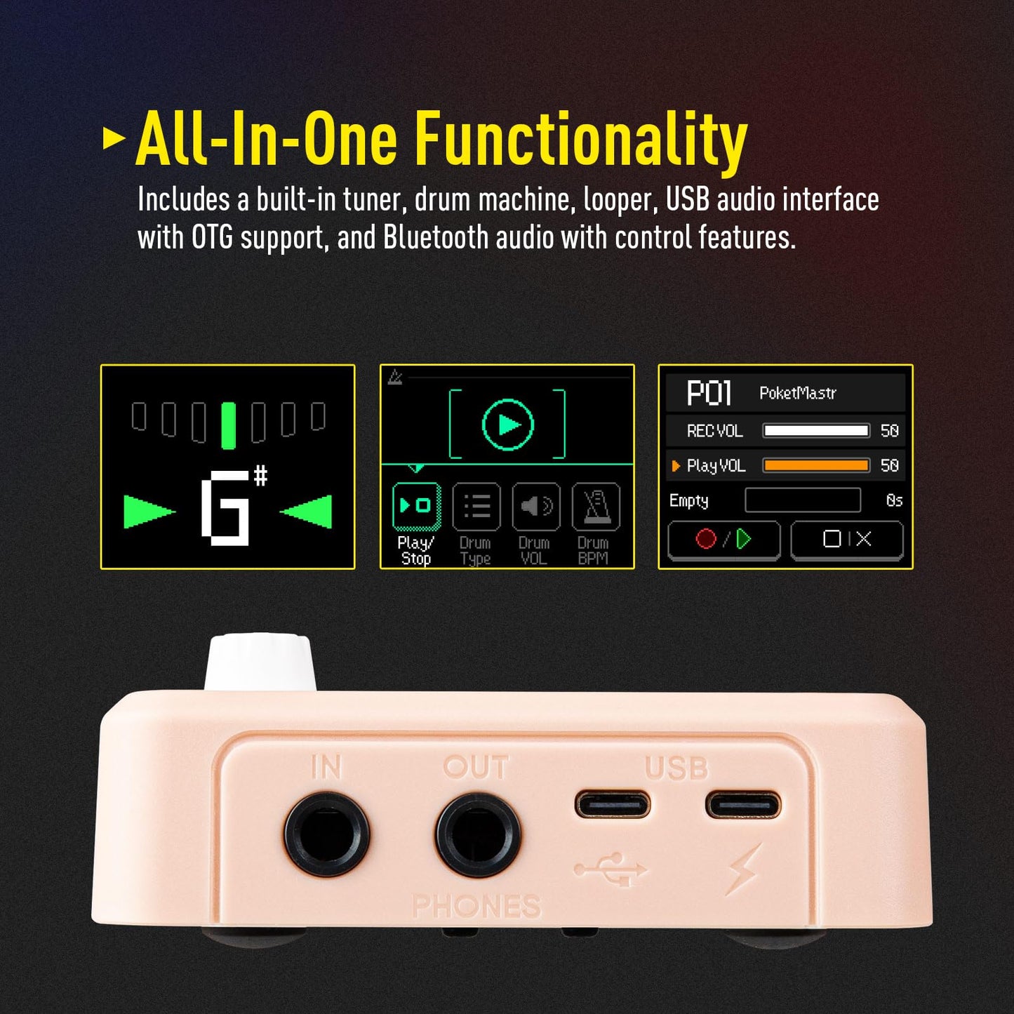 SONICAKE Pocket Master-Multi Effects Guitar Pedal with 9 Effects Modules 100 Drum Rhythms and Looper 100 Presets 20 Amp/Cab Electric Guitar Effects Processor OTG USB Audio Interface BT (Grey)