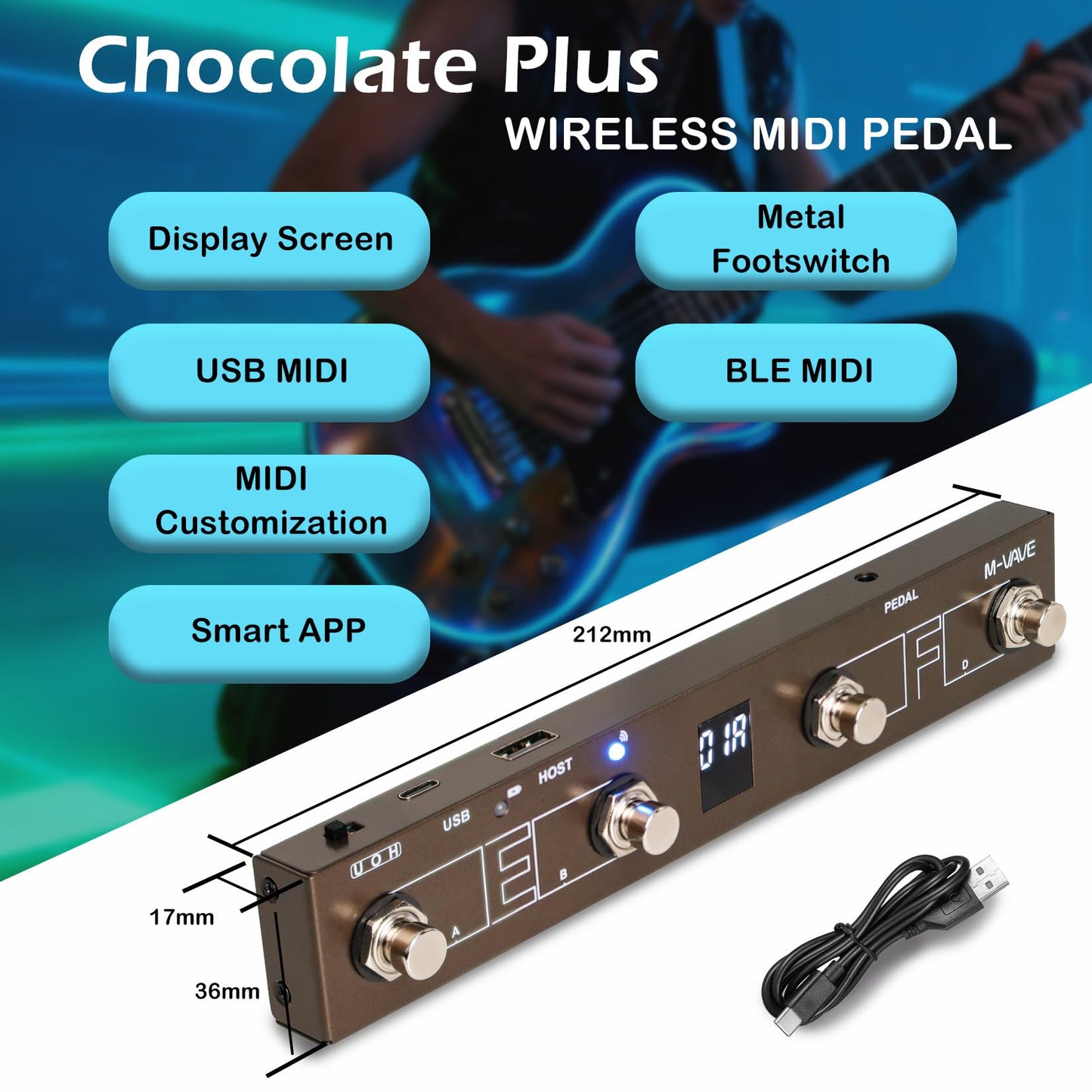 M-VAVE Chocolate Plus Wireless MIDI Foot Controller 4 Buttons BT Rechargeable, APP Control
