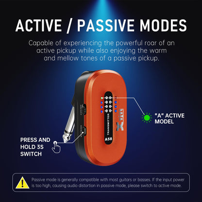 Xvive A58 Wireless Guitar System 5.8GHz Wireless Guitar Transmitter Receiver for Active or Passive Pickup Electric/Acoustic Bass Guitar