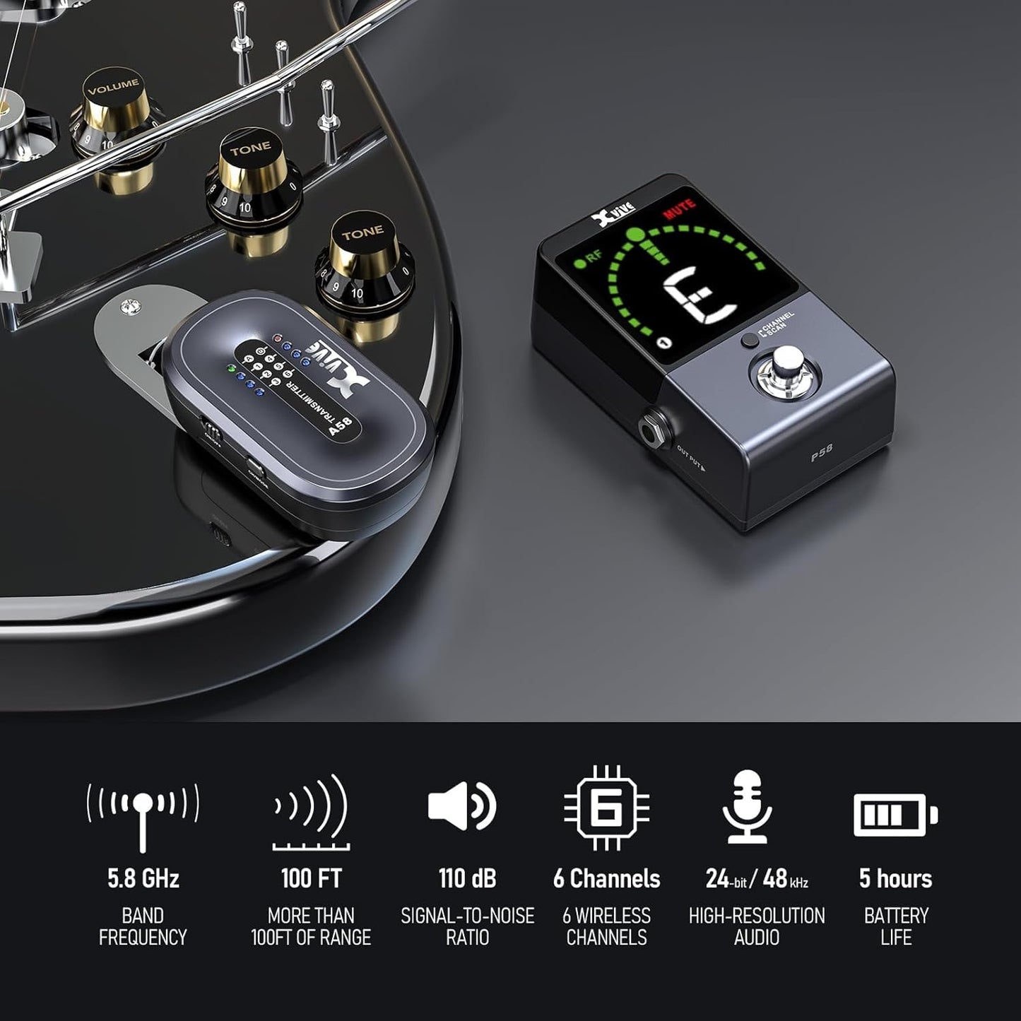 Xvive A58 Wireless Guitar System 5.8GHz Wireless Guitar Transmitter Receiver for Active or Passive Pickup Electric/Acoustic Bass Guitar