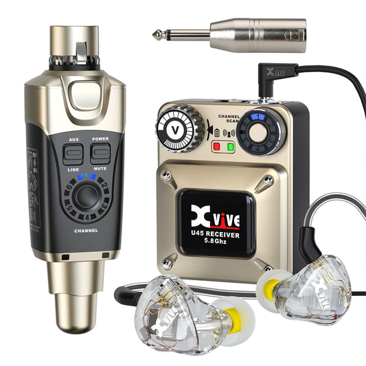Xvive U45 Wireless in Ear Monitor System 5.8ghz IEM System Transmitter and bodypack Receiver for Studio, Band Rehearsal, Live Performance, Channel Scan Mode