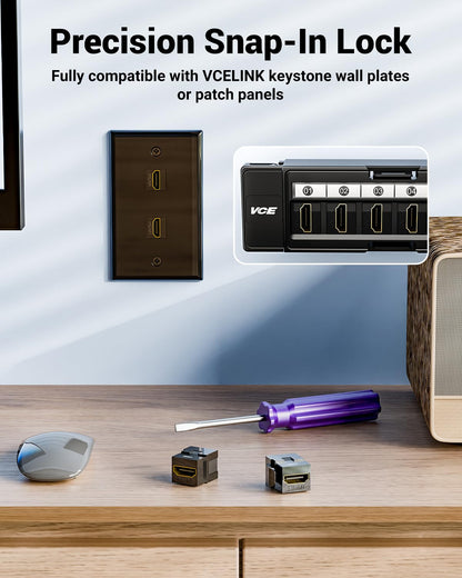 VCE HDMI Keystone Jack, 4K HDMI Female to Female Adapter Coupler Snap-in for Keystone Wall Plate, Black, 6-Pack