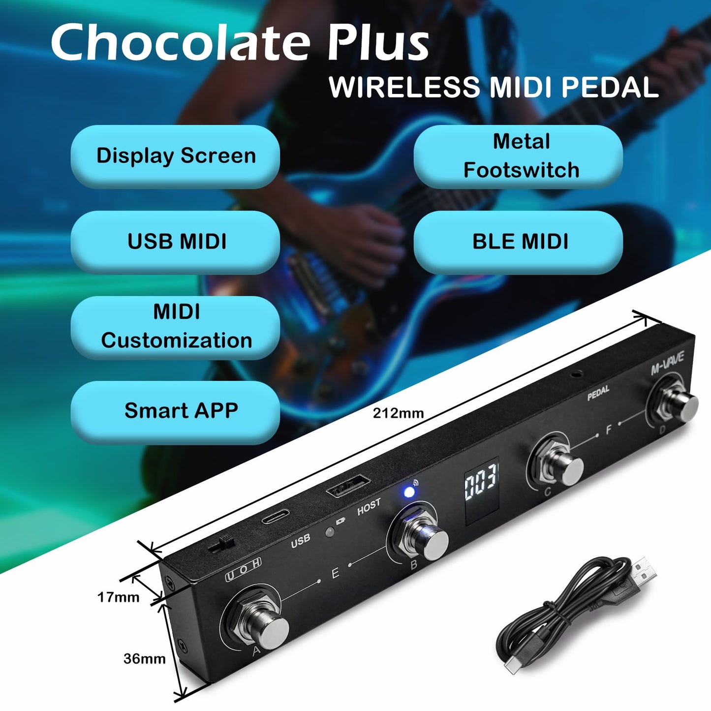 M-VAVE Chocolate Plus Wireless MIDI Foot Controller 4 Buttons BT Rechargeable, APP Control