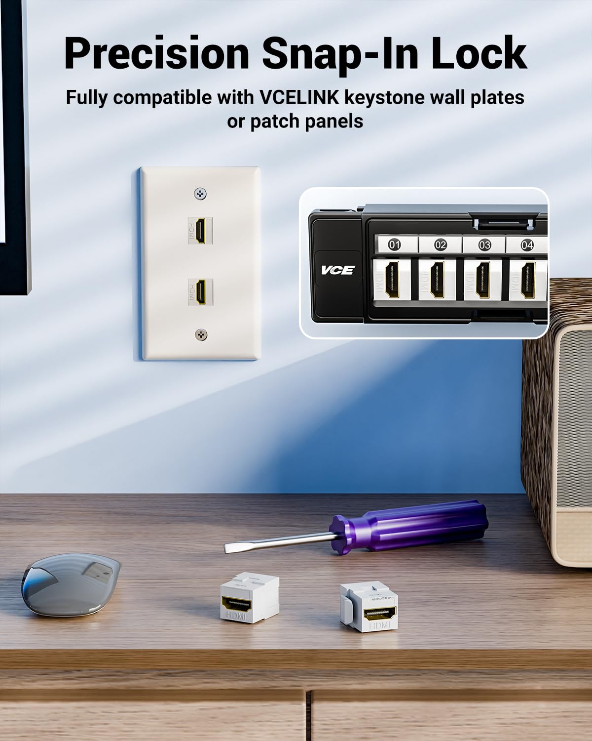 VCE HDMI Keystone Jack, 4K HDMI Female to Female Adapter Coupler Snap-in for Keystone Wall Plate, Black, 6-Pack