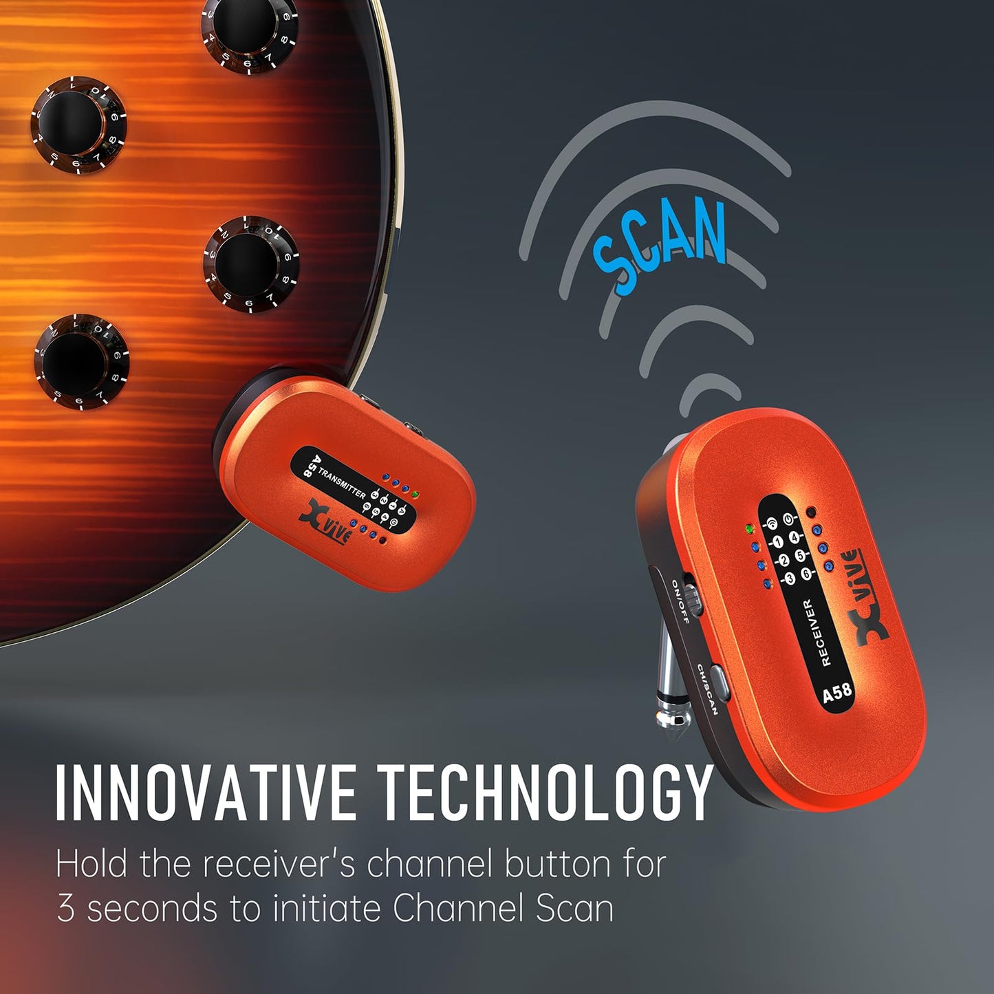 Xvive A58 Wireless Guitar System 5.8GHz Wireless Guitar Transmitter Receiver for Active or Passive Pickup Electric/Acoustic Bass Guitar