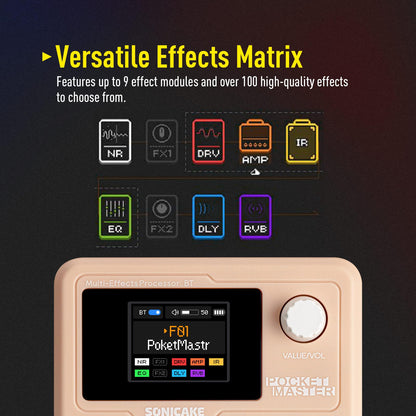 SONICAKE Pocket Master-Multi Effects Guitar Pedal with 9 Effects Modules 100 Drum Rhythms and Looper 100 Presets 20 Amp/Cab Electric Guitar Effects Processor OTG USB Audio Interface BT (Grey)