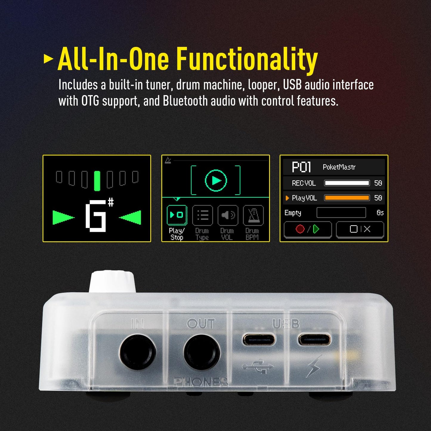 SONICAKE Pocket Master-Multi Effects Guitar Pedal with 9 Effects Modules 100 Drum Rhythms and Looper 100 Presets 20 Amp/Cab Electric Guitar Effects Processor OTG USB Audio Interface BT (Grey)