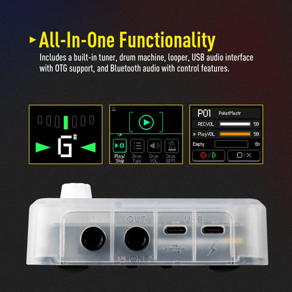 SONICAKE Pocket Master-Multi Effects Guitar Pedal with 9 Effects Modules 100 Drum Rhythms and Looper 100 Presets 20 Amp/Cab Electric Guitar Effects Processor OTG USB Audio Interface BT (Grey)