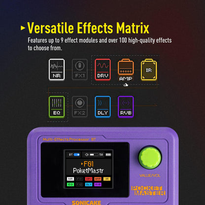 SONICAKE Pocket Master-Multi Effects Guitar Pedal with 9 Effects Modules 100 Drum Rhythms and Looper 100 Presets 20 Amp/Cab Electric Guitar Effects Processor OTG USB Audio Interface BT (Grey)