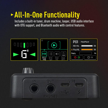 SONICAKE Pocket Master-Multi Effects Guitar Pedal with 9 Effects Modules 100 Drum Rhythms and Looper 100 Presets 20 Amp/Cab Electric Guitar Effects Processor OTG USB Audio Interface BT (Grey)