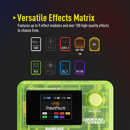 SONICAKE Pocket Master-Multi Effects Guitar Pedal with 9 Effects Modules 100 Drum Rhythms and Looper 100 Presets 20 Amp/Cab Electric Guitar Effects Processor OTG USB Audio Interface BT (Grey)