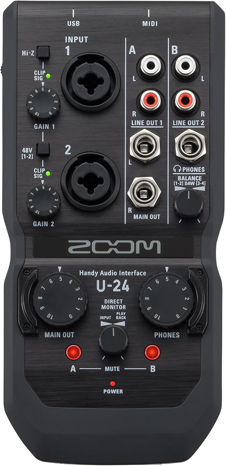 Zoom U-24 Handy Audio Interface, 2-Channel Portable USB Audio Interface, 2 XLR/TRS Combo Inputs, MIDI I/O, RCA Outputs