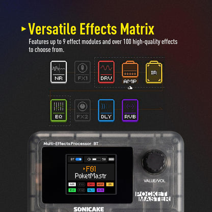 SONICAKE Pocket Master-Multi Effects Guitar Pedal with 9 Effects Modules 100 Drum Rhythms and Looper 100 Presets 20 Amp/Cab Electric Guitar Effects Processor OTG USB Audio Interface BT (Grey)