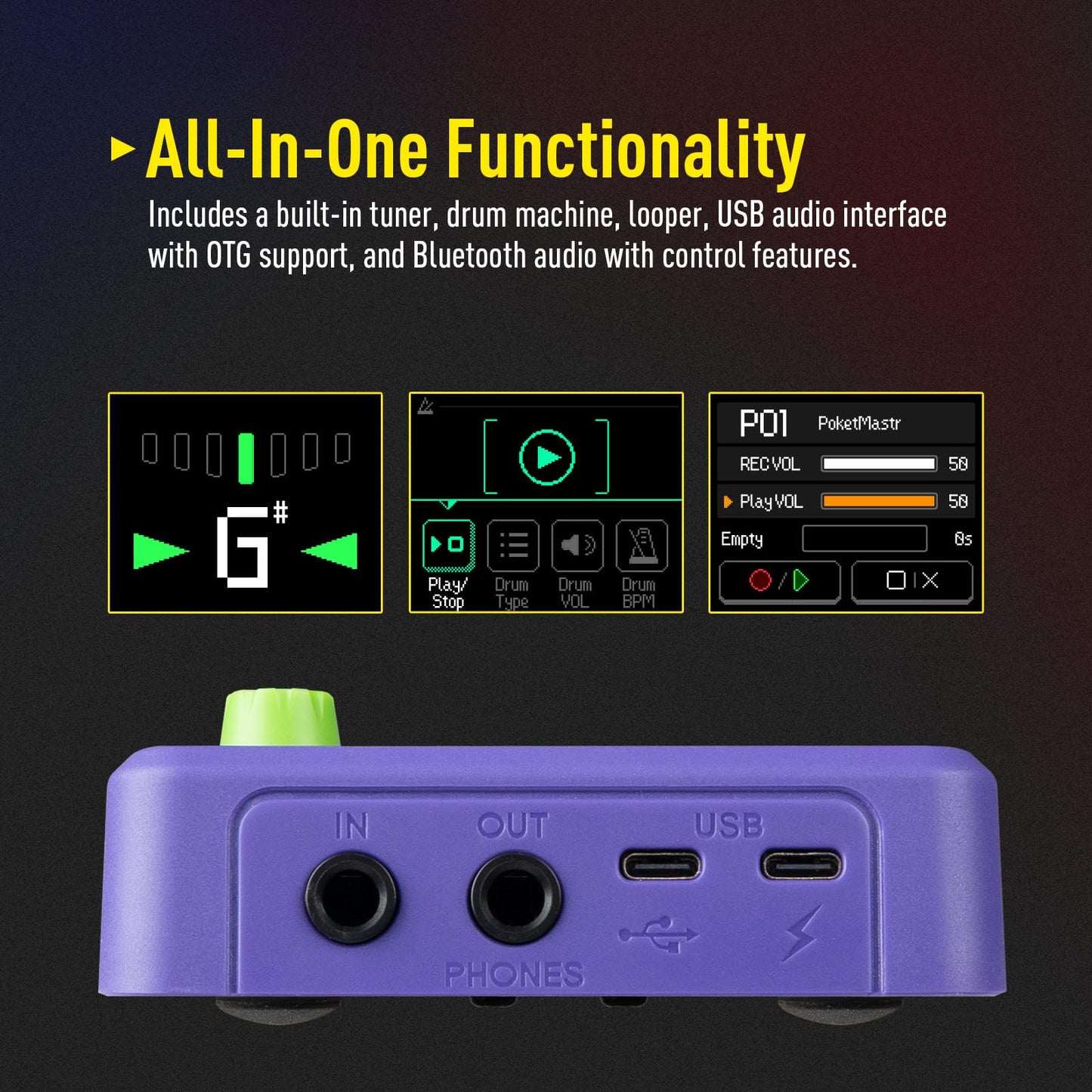 SONICAKE Pocket Master-Multi Effects Guitar Pedal with 9 Effects Modules 100 Drum Rhythms and Looper 100 Presets 20 Amp/Cab Electric Guitar Effects Processor OTG USB Audio Interface BT (Grey)