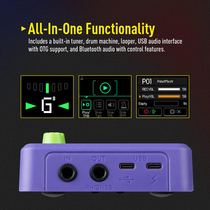 SONICAKE Pocket Master-Multi Effects Guitar Pedal with 9 Effects Modules 100 Drum Rhythms and Looper 100 Presets 20 Amp/Cab Electric Guitar Effects Processor OTG USB Audio Interface BT (Grey)