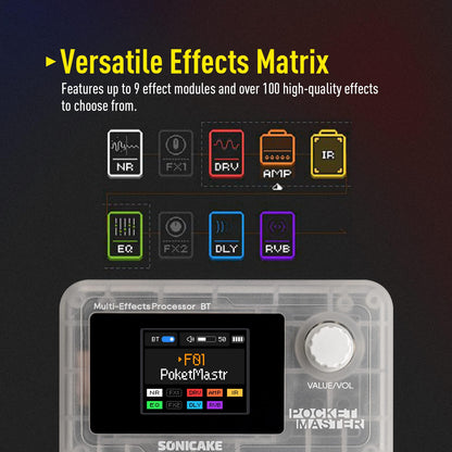 SONICAKE Pocket Master-Multi Effects Guitar Pedal with 9 Effects Modules 100 Drum Rhythms and Looper 100 Presets 20 Amp/Cab Electric Guitar Effects Processor OTG USB Audio Interface BT (Grey)