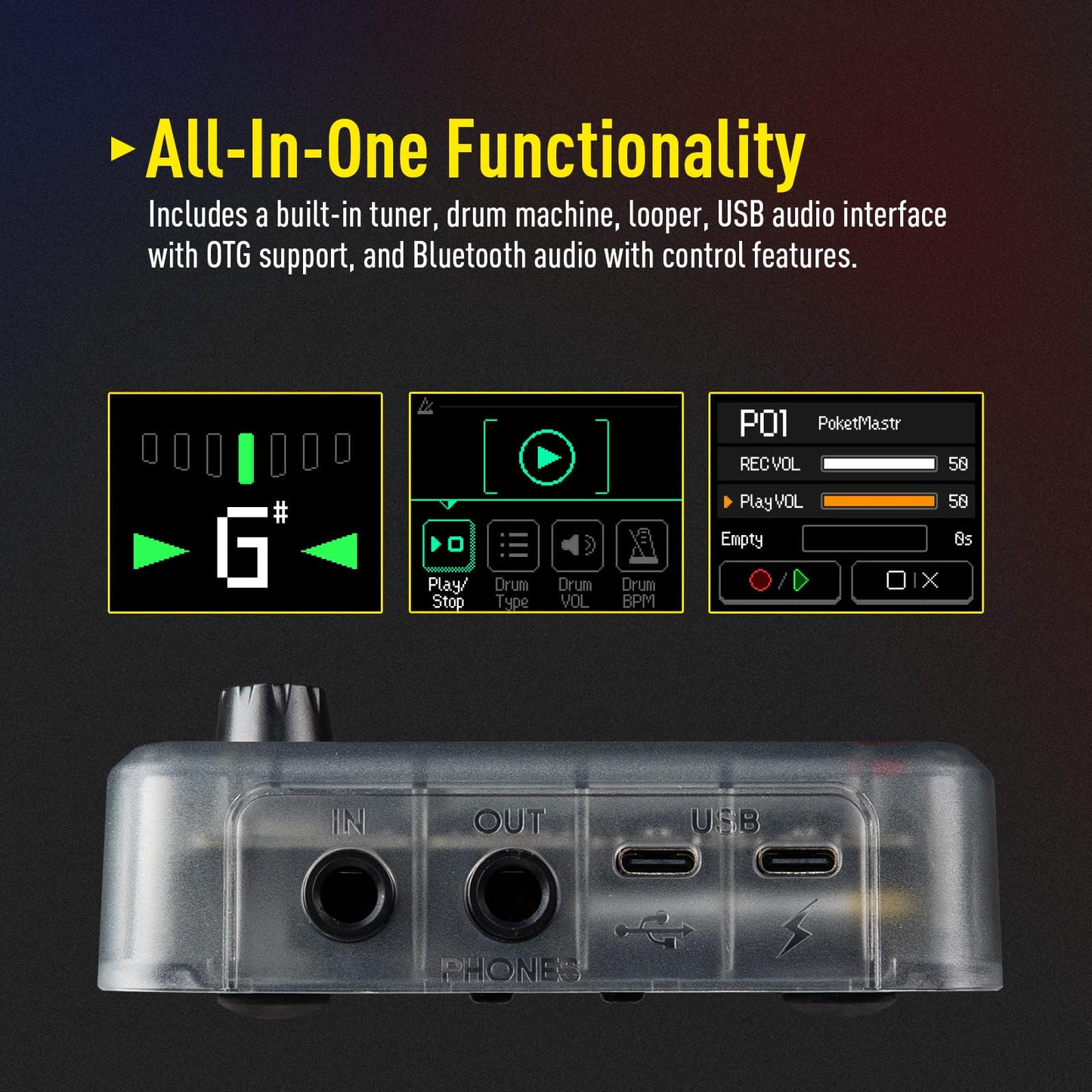 SONICAKE Pocket Master-Multi Effects Guitar Pedal with 9 Effects Modules 100 Drum Rhythms and Looper 100 Presets 20 Amp/Cab Electric Guitar Effects Processor OTG USB Audio Interface BT (Grey)